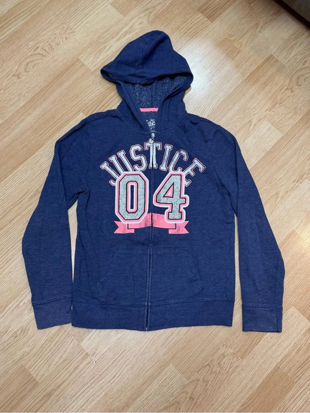 Justice Girls 18 Navy Pink Silver 04 Varsity Graphic Full Zip Hoodie Jacket